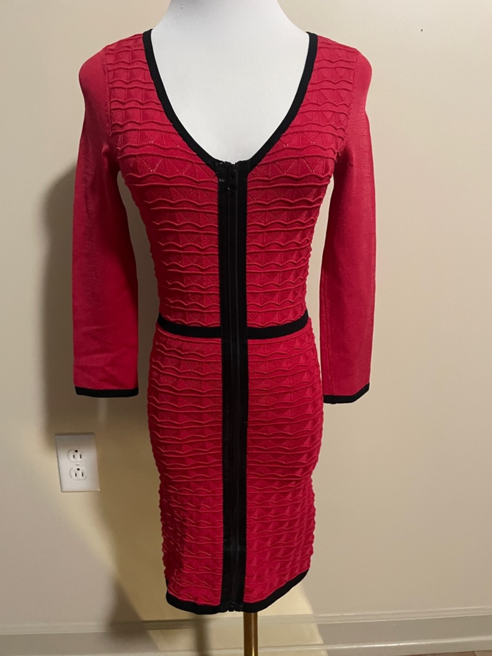 BEBE Red Knit Zip-Front Bodycon Dress with Black Trim